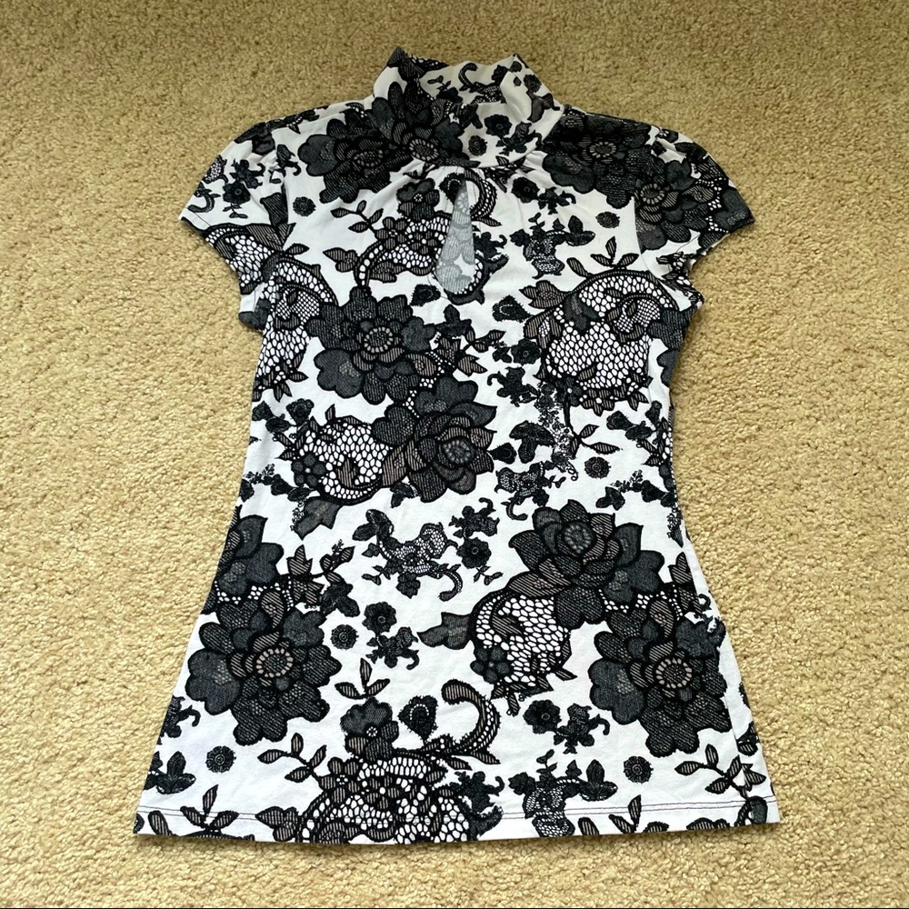 Express Black & White Floral Lace Keyhole Shirt